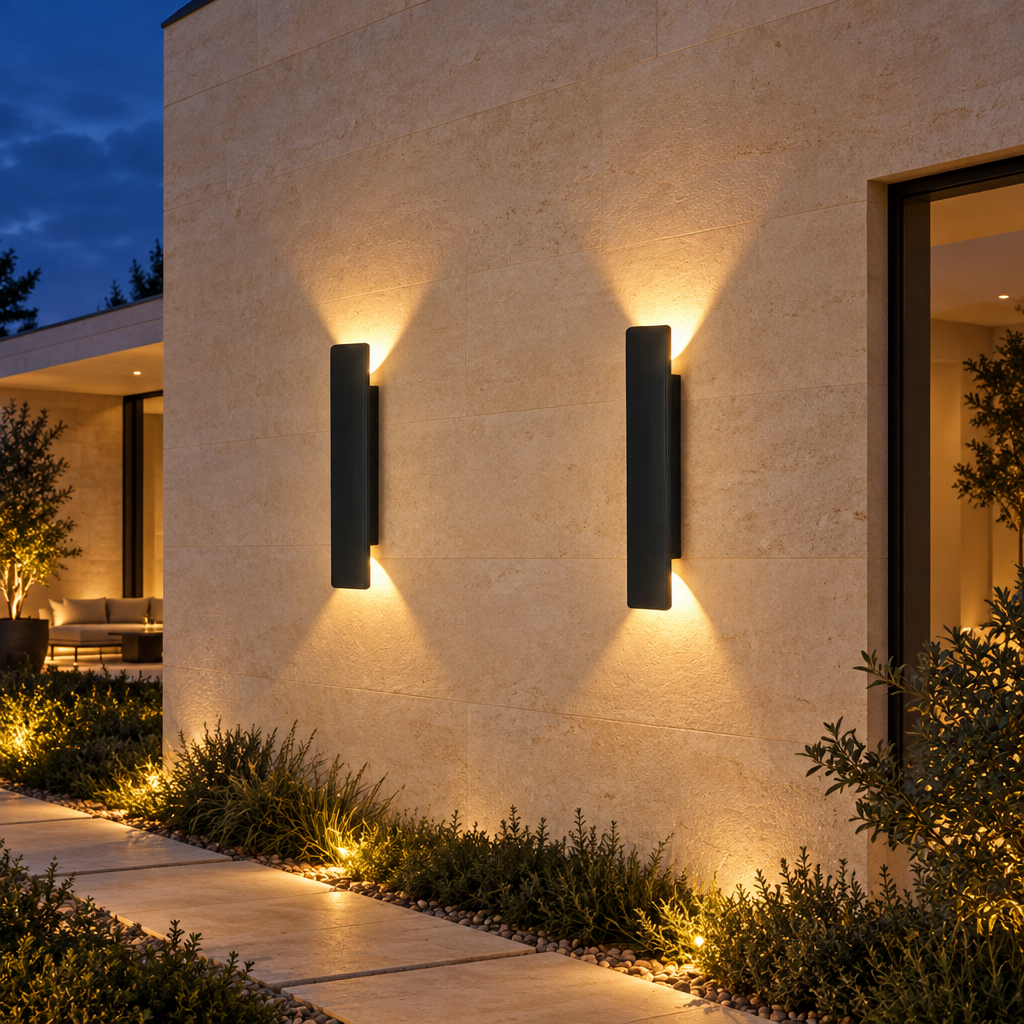 Arden Up/Down Outdoor Wall Light, Black LED Bar at night