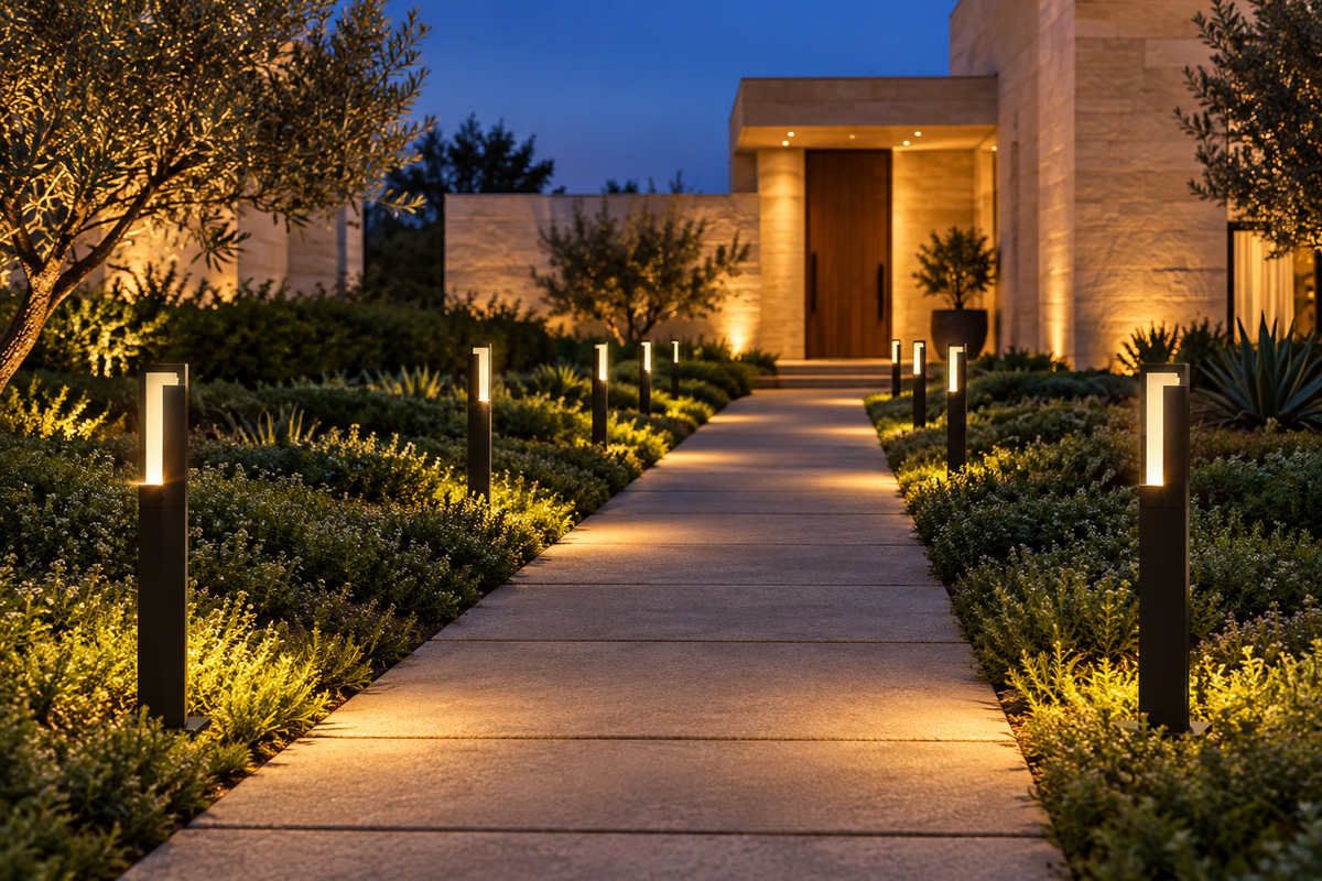 Monolith LED Path Light, Modern Black Bollard at night
