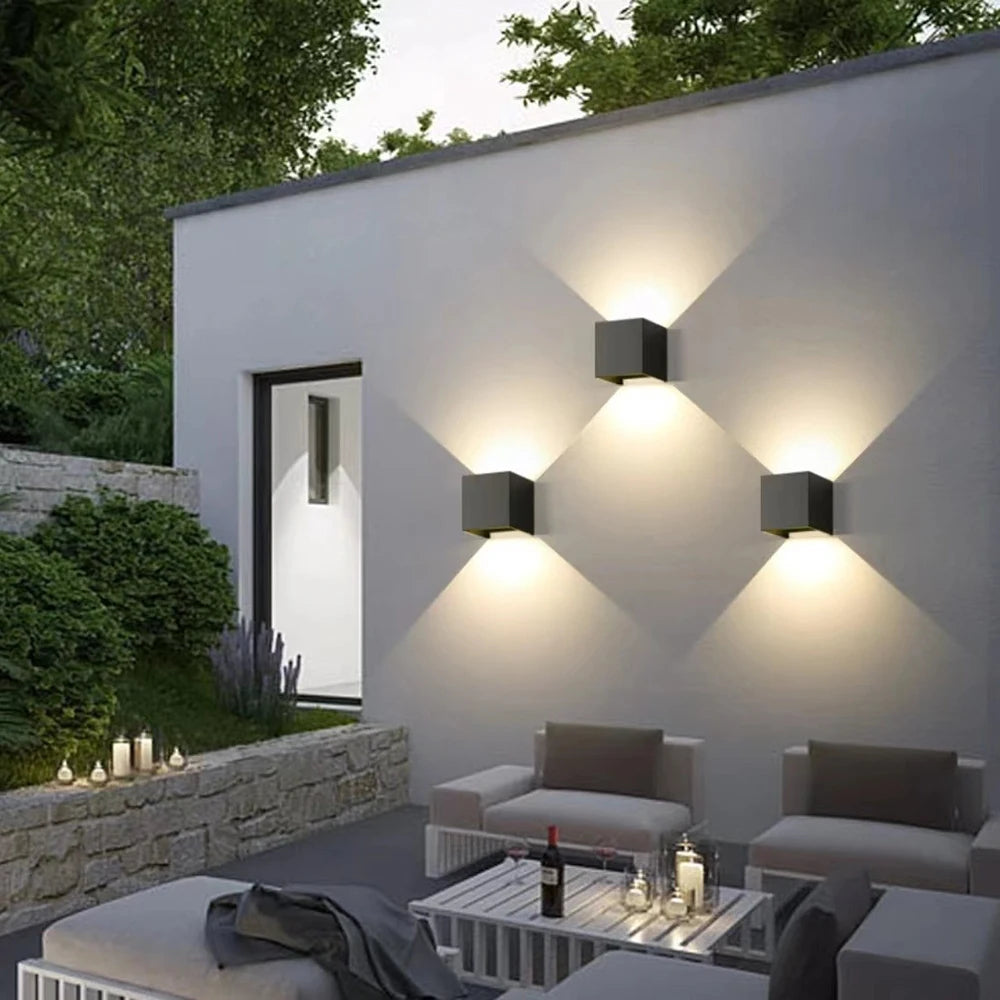 Cube wall lights above a modern outdoor lounge