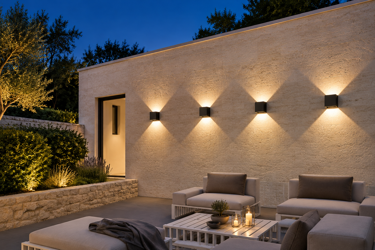 Several Cubo cube wall lights along a limestone patio wall at dusk, deep blue evening sky