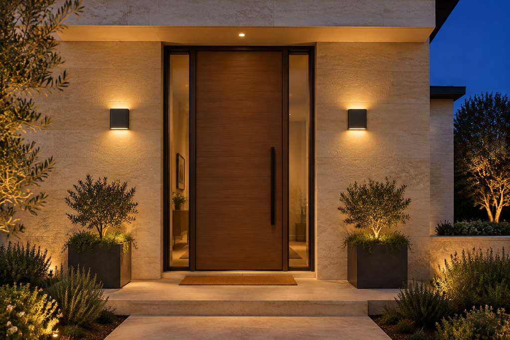 Two matte-black Duo Up/Down Wall Lights flanking a modern front door on a limestone wall at dusk