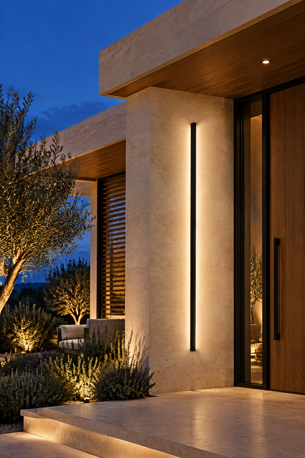 Horizon Linear Wall Light mounted beside a minimalist modern home front door at dusk with limestone wall