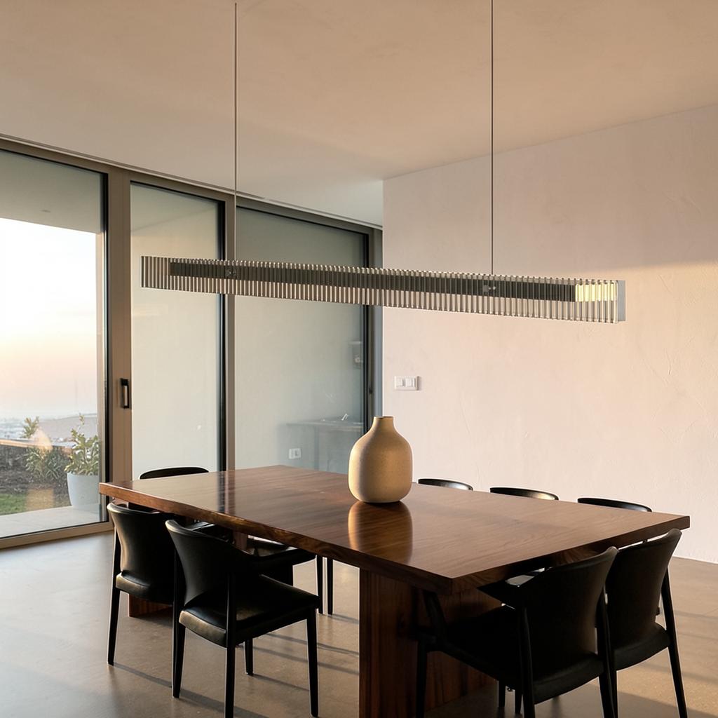 Vista Grand long linear pendant light over a walnut dining table in a modern open-plan home